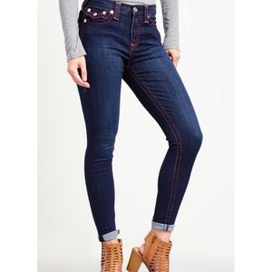 NWT True Religion Dark Blue Hi-Rise Big T Super Skinny Flap Pocket Womens Sz 30